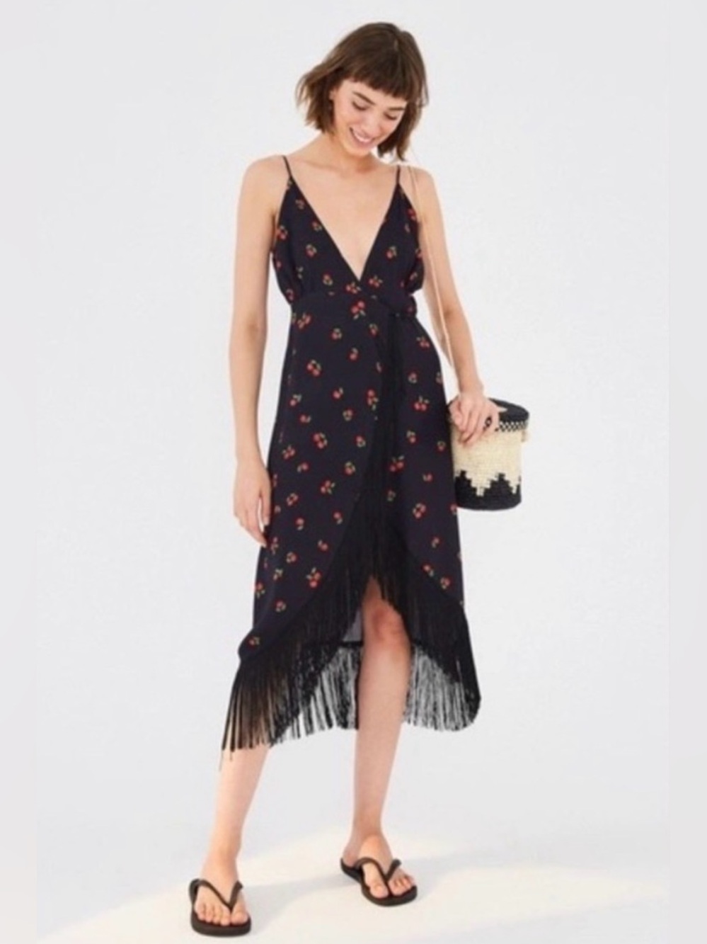FARM Rio Black Pitanga Fringe Wrap Midi Cherry Dress Strappy Beaded Size M